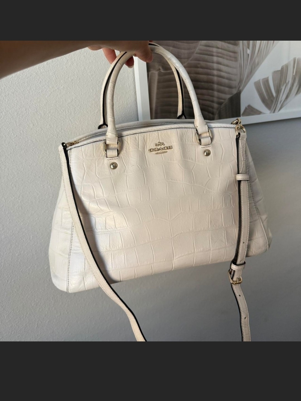 Coach Cream Croc-Embossed Satchel with Removable Shoulder Strap